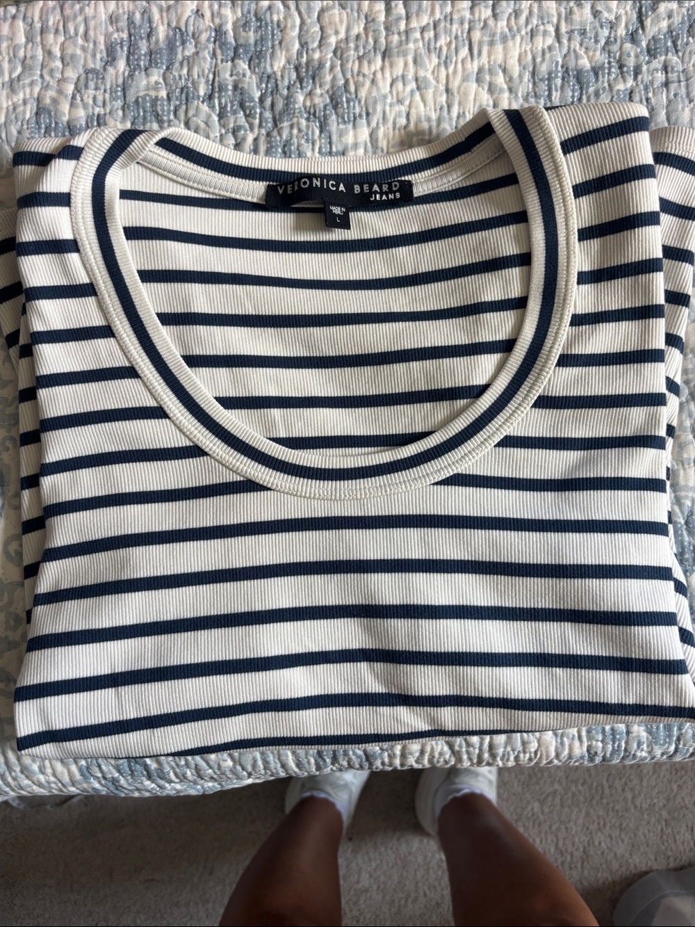 Veronica Beard Navy and White Striped Short Sleeve Crewneck Tee